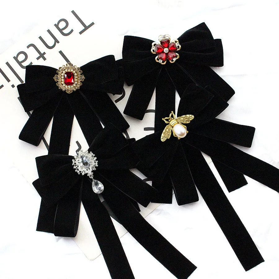 Corbatas de Lazo Grandes Hechas a Mano de Terciopelo con Pedrería, Color Vino Tinto y Negro, Accesorios de Ropa Coreana para Mujer, Flores para el Cuello de Camisa Estilo Universitario