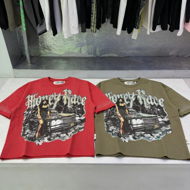 

Футболки BKYS из плотного хлопка с круглым вырезом и стразами в стиле ретро, ультрамодные, с коротким рукавом, унисекс, свободного кроя, для уличного стиля, красные, черные