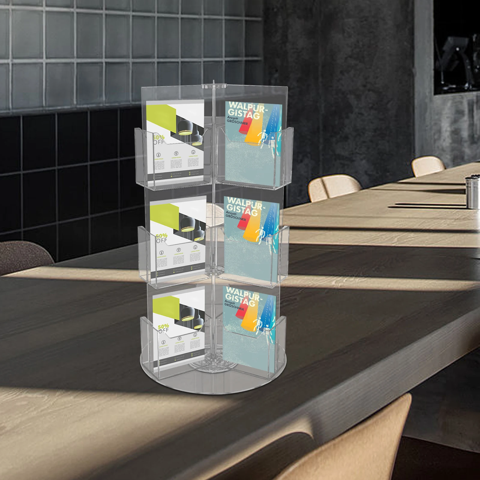Acrylic Brochure Holder, 3-Tier 18 Pockets, 360° Swivel, Large Capacity, For Office, Store, Display Flyers, Menus