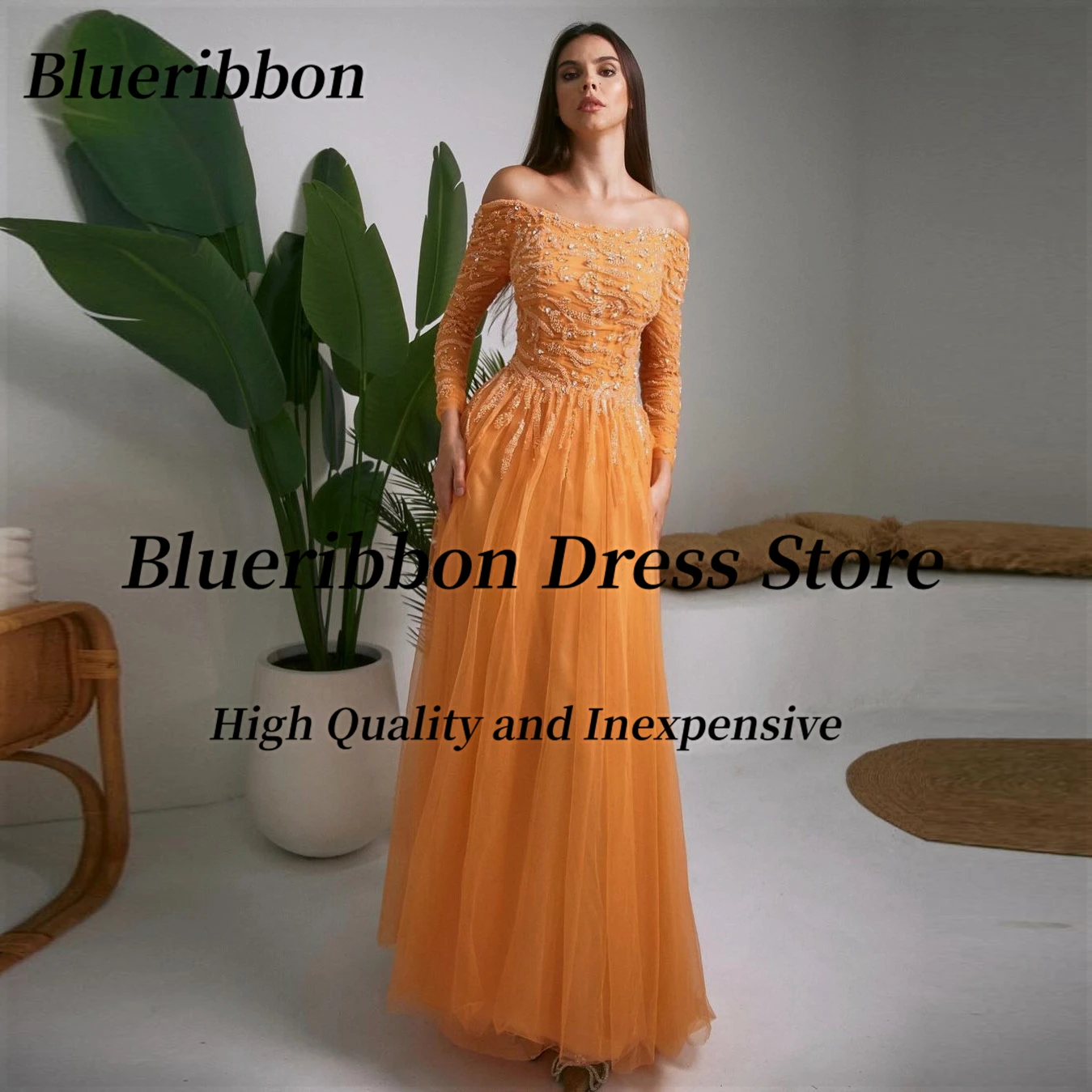 Blueribbon Special Occasion Ladies Wear Bateau Neck Prom Dresses Beaded Long Sleeves Evening Party A Line Tulle Birthday Gowns