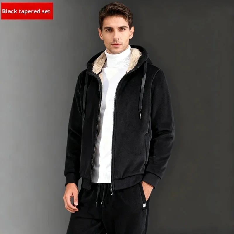 Men's Winter Thick Warm Sports Set Plus Size Casual Lined Running Clothes Hooded Jacket Pants Set New Men's Two Piece Set