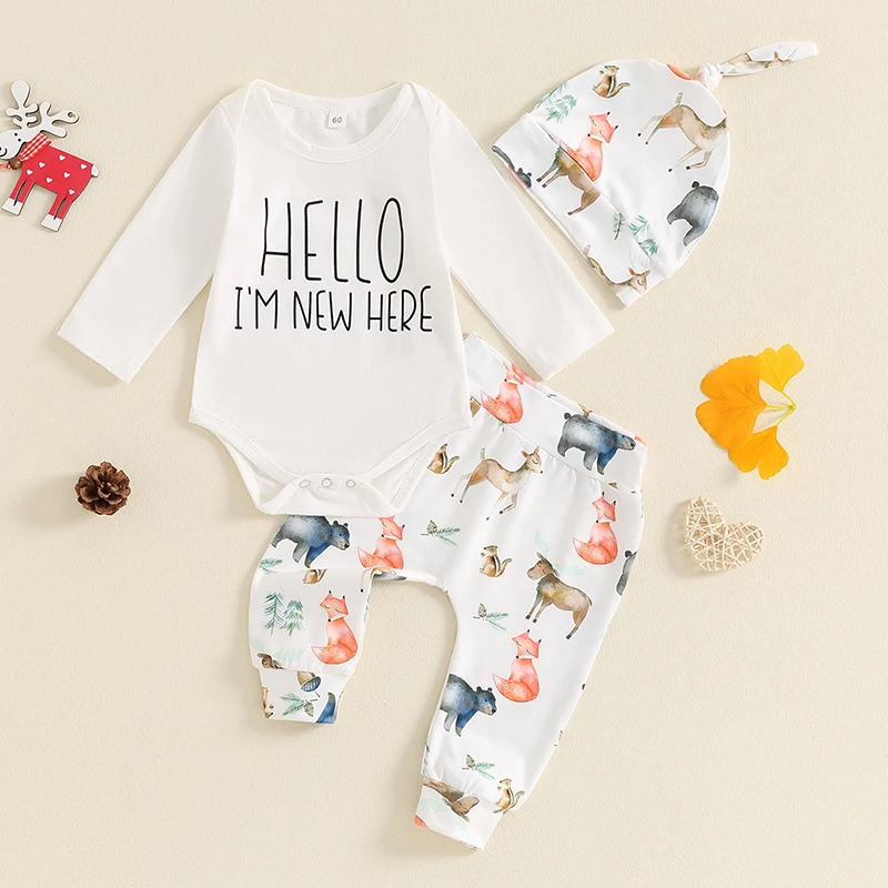 Newborn Clothes Baby Boys Girls Hello I’m New Here Long Sleeve Romper Zoo Animals Print Long Pants Hat 3Pcs Outfit