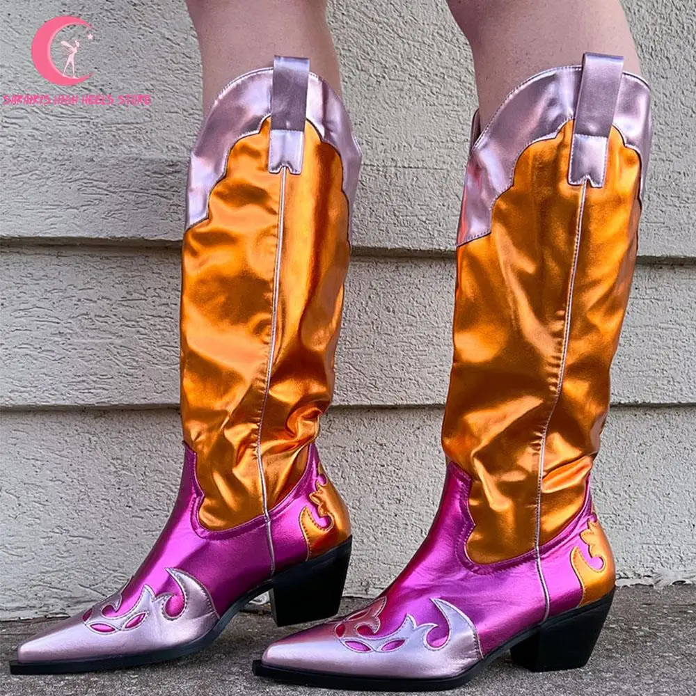 Metallic Colorblock Leather Women's Western Boots 2023 New Chunky High Heeled Mid Calf Vintage Cowgirl Cowboy Boots Winter Shoes