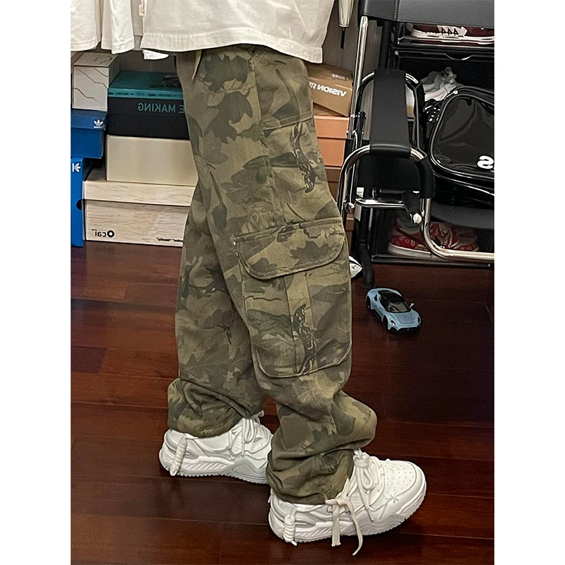 

Модные камуфляжные брюки для спецодежды, мужские летние свободные прямые брюки Big ket, повседневные брюки в американском стиле ретро