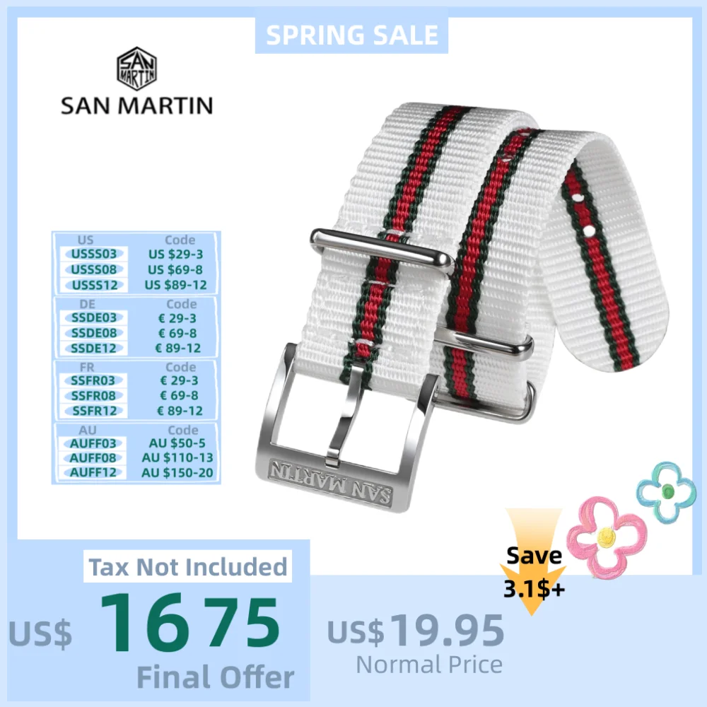 

San Martin 20mm Rugged Woven Fabric Watchband Nylon Military Style Wrist Watch Strap Classic Vintage Stripes Steel Buckle BD0015