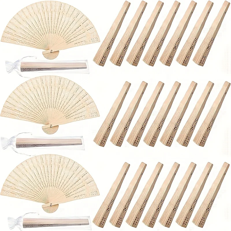 20 - 60PCS Wooden Fans Hand Held Folding Fans Vintage Chinese Fans Hollow Pattern Gift Bag For Wedding Guest, Bridal Shower,