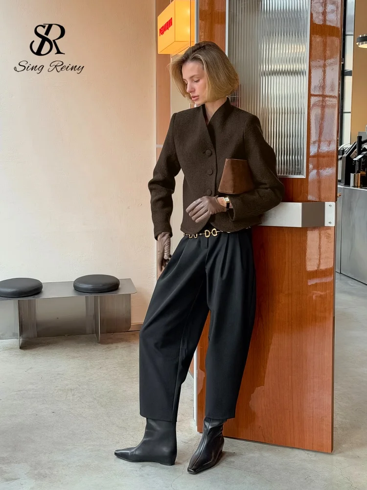 American Retro Woolen Casual Blazer Ladies V Neck Long Sleeve Shoulder Pad Trendy Street Autumn Loose Warm Outerwear