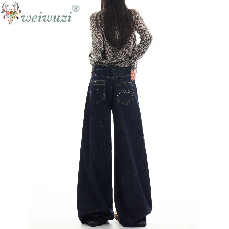 Ladies Y2K Retro Low‑Rise Wide Leg Denim Pants Contrast Stitching Pocket Detail Baggy Loose Fit Casual Floor‑Sweeping Long Jeans