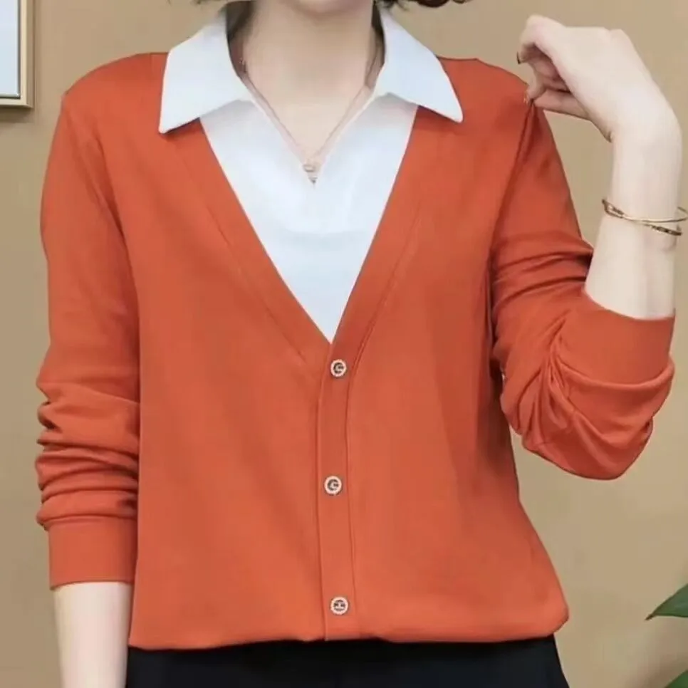 Blusa de punto de dos piezas para mujer, Tops de manga larga de retazos, ropa Vintage de otoño