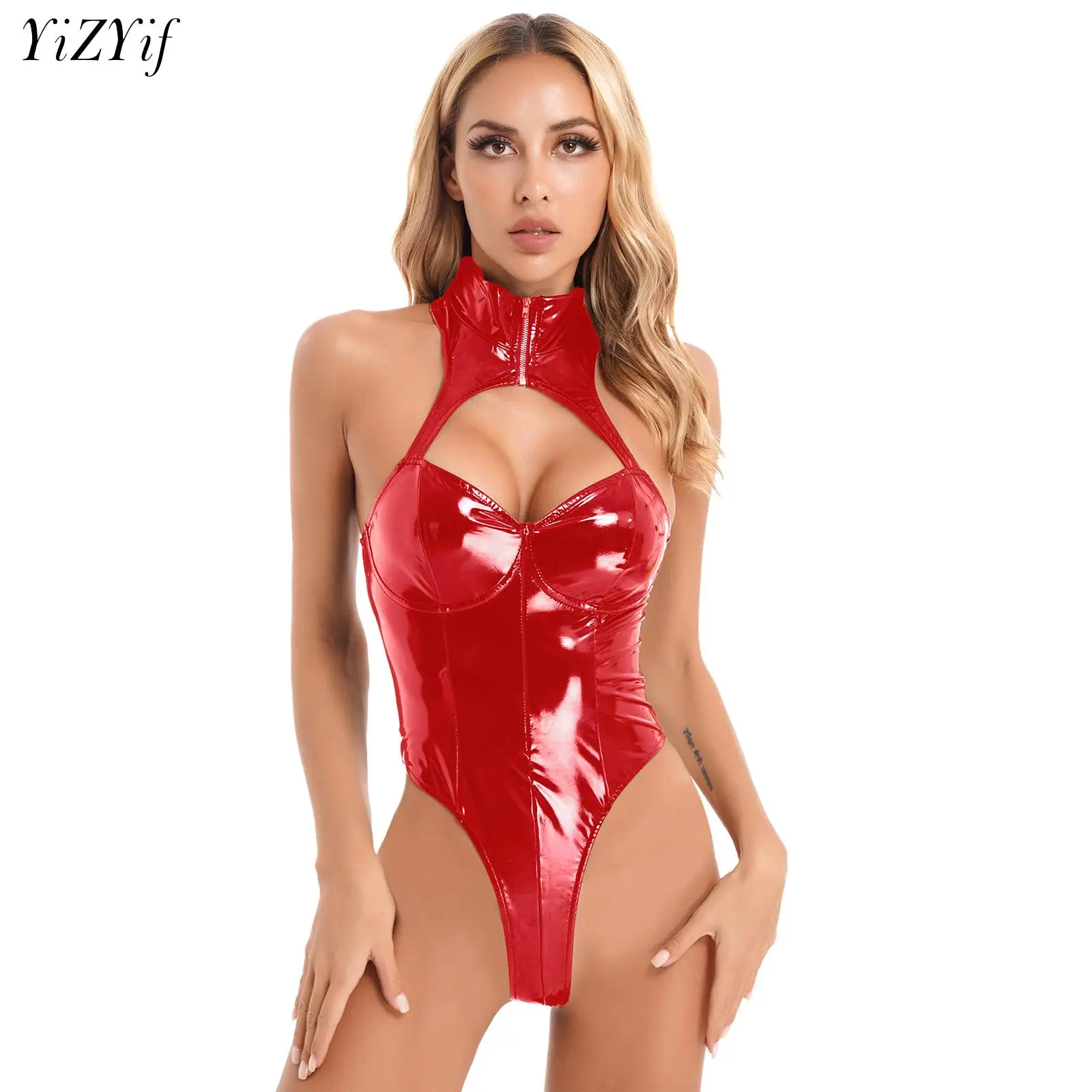 

Women Zipper Back Latex Bodysuit Shiny Leather Cutout Catsuit One-piece High-cut Bodycon Tights Jumpsuit Club Pole Dance Suit