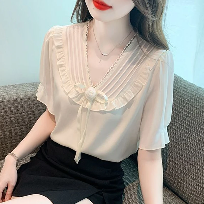 بلوزات صيفية نسائية غير رسمية 2025 بأكمام قصيرة موضة كورية Y2k ملابس ضيقة للمكتب للسيدات بلوزات وردية قمصان شيفون
