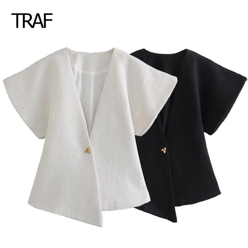 TRAF Cropped Tweed Coat Women Jackets Spring 2024 Asymmetric V-Neck Long Sleeves Top New In Outwear Elegant Lady Coats Arrivals