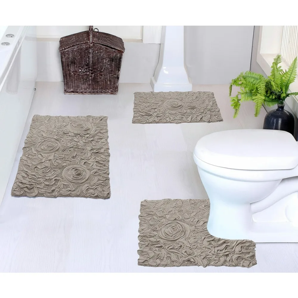 

100% Cotton Tufted Bath Rugs Set, Ultra Soft Absorbent Non-Slip Mats, 3-Piece for Family Bathroom Safety