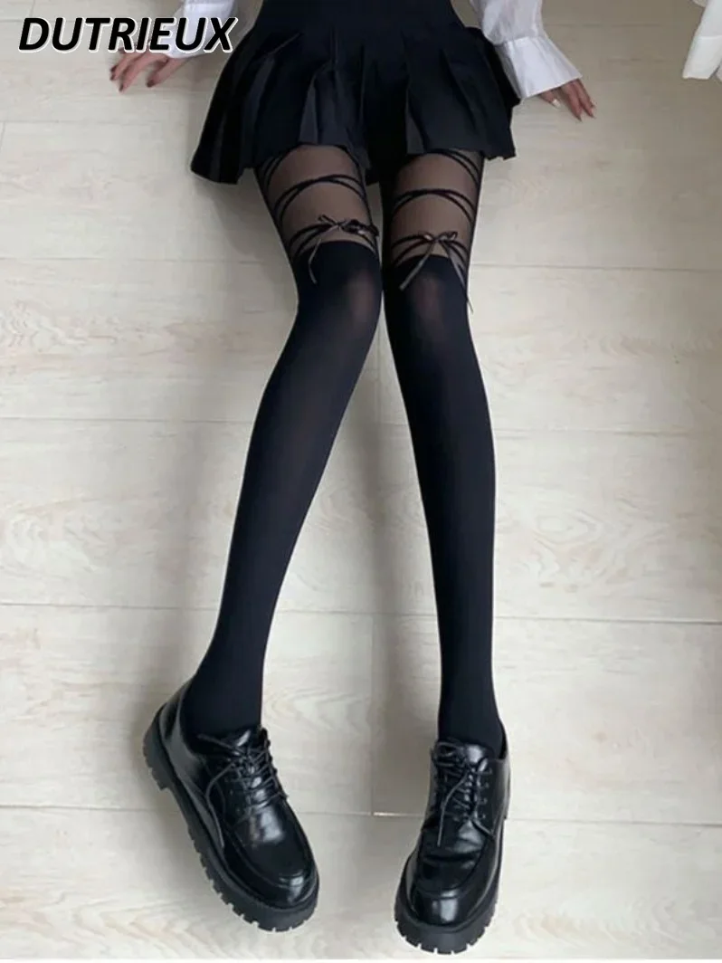 

Japanese Lolita Ultra Thin Sexy Lace-up Pure Desire JK Black Opaque Tights Ribbon Bow Stitching Socks Spring and Summer Stocking