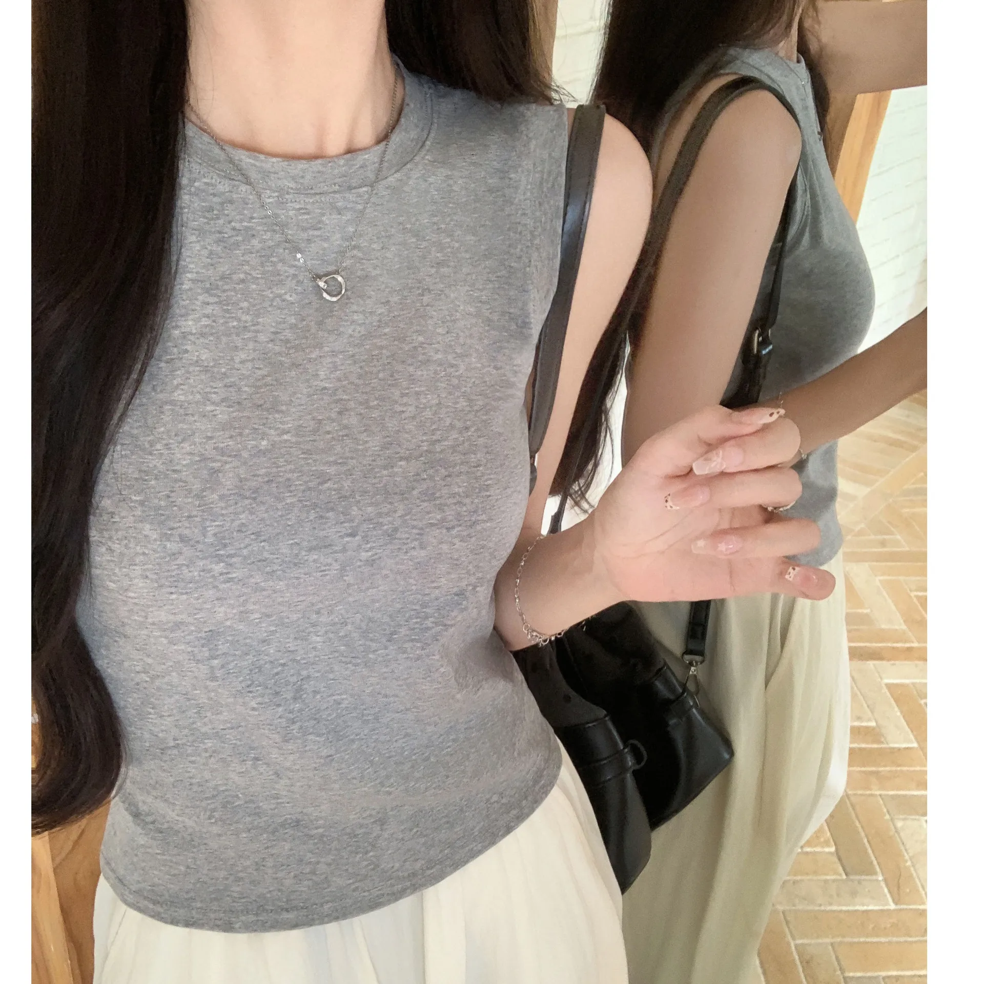 Women Crew Neck Wide Strap Cotton Tank Top Slim Fit Solid 3D Effect Sweet Fresh Style All Season Versatile Camisole Vest