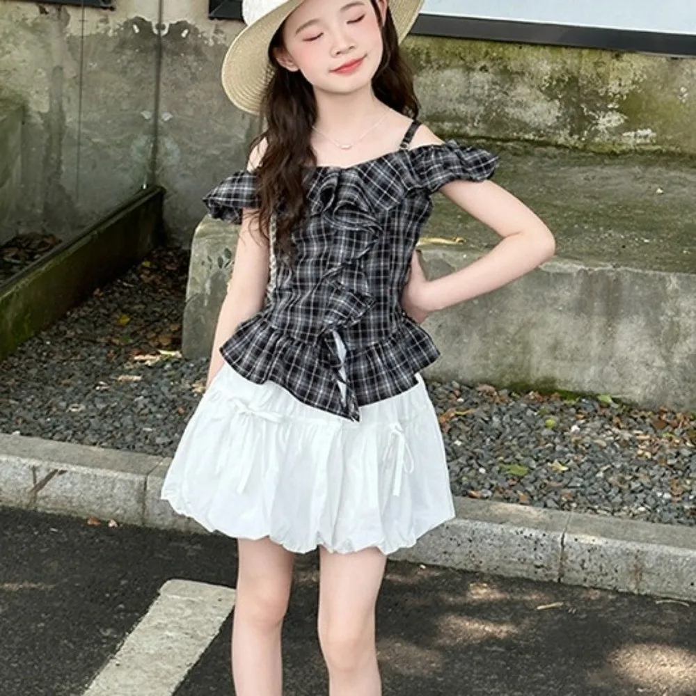 

Grid Pleated Ruffles Short Dress Camisole Top One Shoulder Neck Girls Puff Sleeve Skirt Suspenders Short Children Plaid Dress