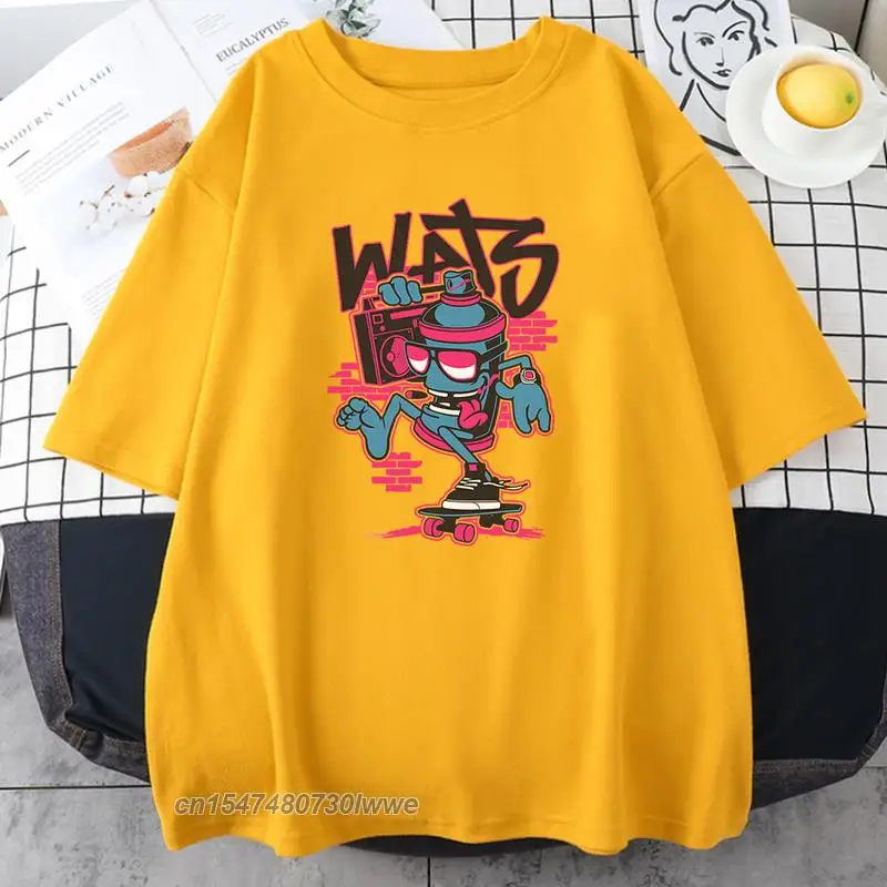 

Graffiti Style Wats Play Skateboard Print Women's Tshirts Leisure Soft Clothes Style T Shirts 100% Cotton Women's T-Shirts