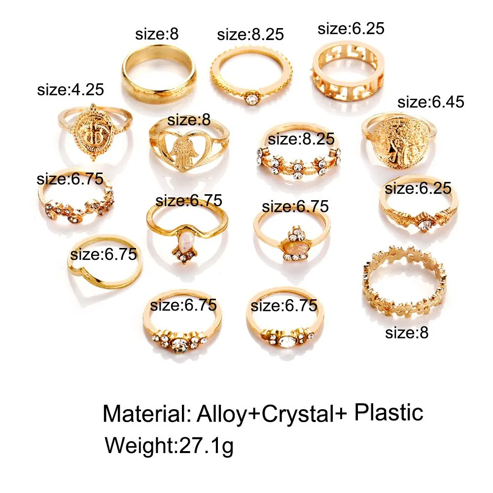 15 Retro Lady Jewelry Retro Gold-color Coins Cross Love Ring Europe And America Portrait Water Drill Ring Set Woman image 6