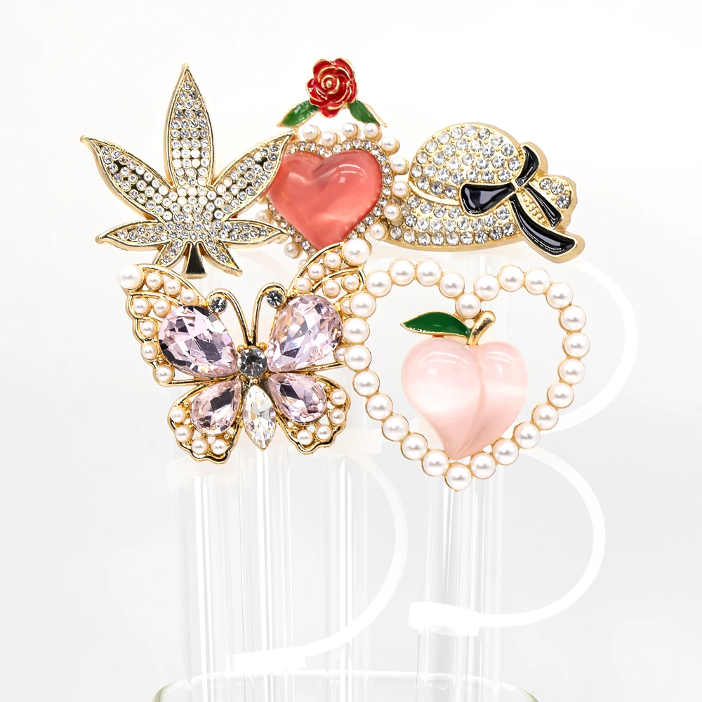 8MM Silicone Straw Cover Cap Metal Decoration,Crystal Heart Butterfly Straw Topper for Cups Accessories,Dustproof Straw Cap