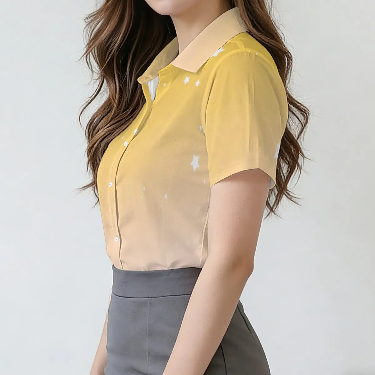 Summer Women's Short-Sleeve Single-Breasted Shirt, Gradient Star Pattern, Retro & Elegant, Stylish & Personalized for Commute