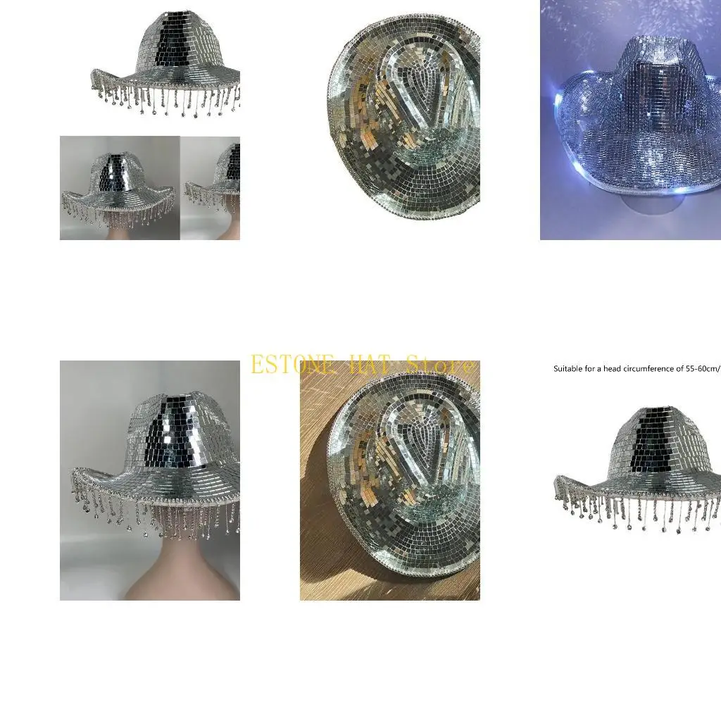 49MF Sparkly Mirror Cowboy Hat Reflective Crystals Disco Ball for Bachelorette Party
