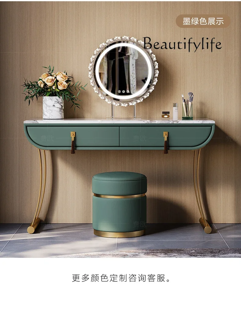 طاولة مكياج فاخرة وخفيفة الوزن، طبقة مسطحة كبيرة، نمط مصمم، مزيج من الخشب الصلب والرخام