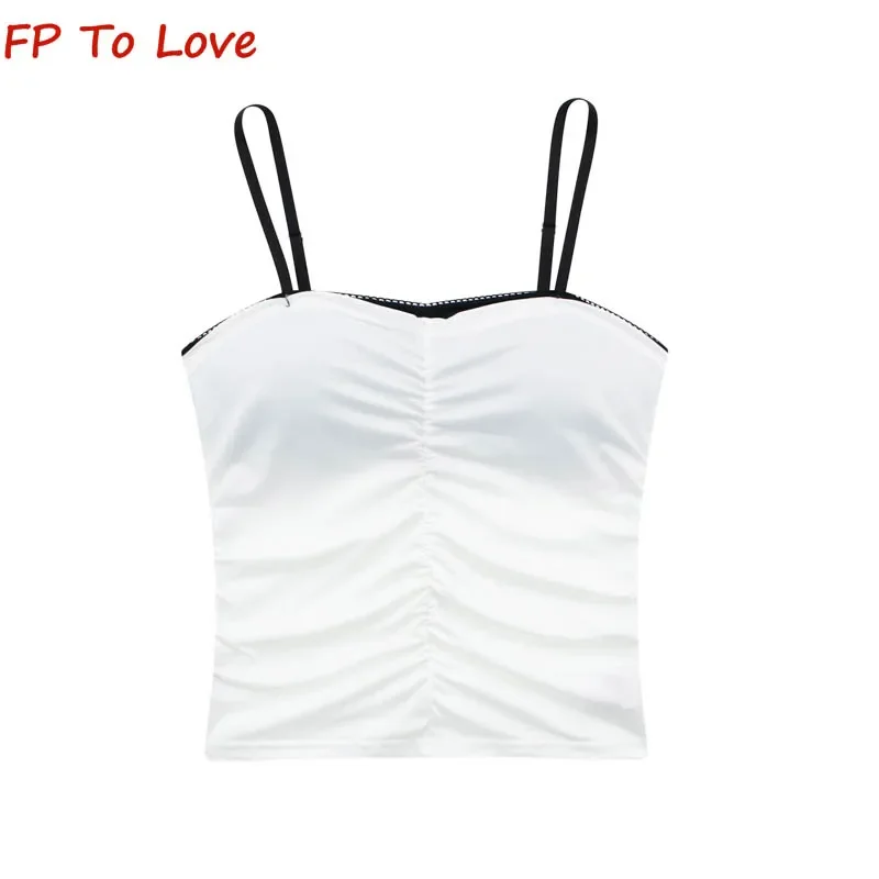 Y2K 2024 Summer Pleated With Bra Pad Vintage Short Top Sexy Spice Girls Tank Top False Two Piece Clashing Camisole