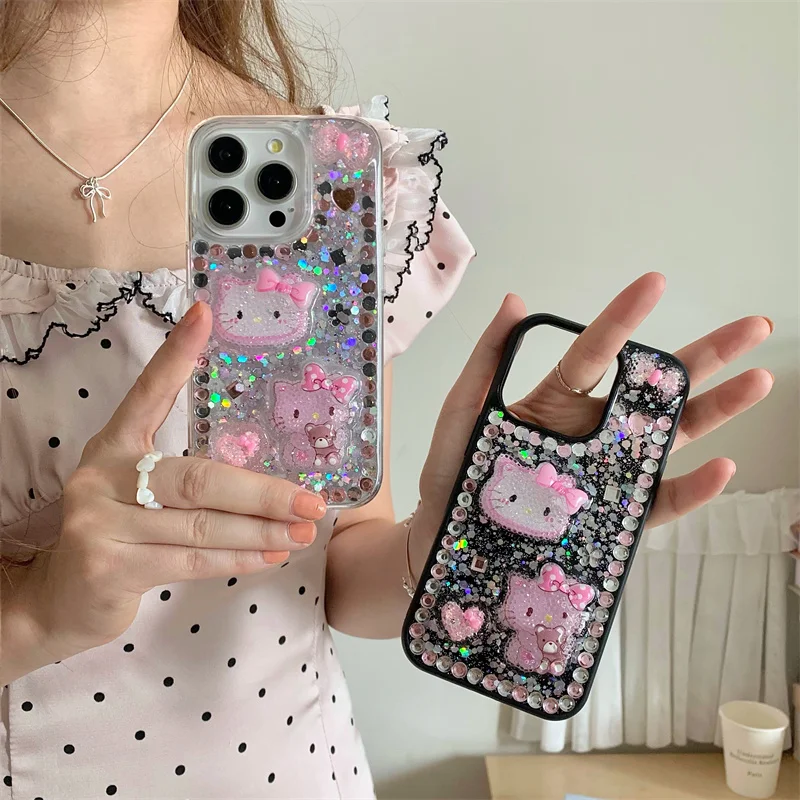 Luxury Cute Pink Bling Glitter Hello Kitty Heart Love Bow Phone Case For iPhone 15 14 13 12 Pro Max Y2k Cartoon KT lovely Cases