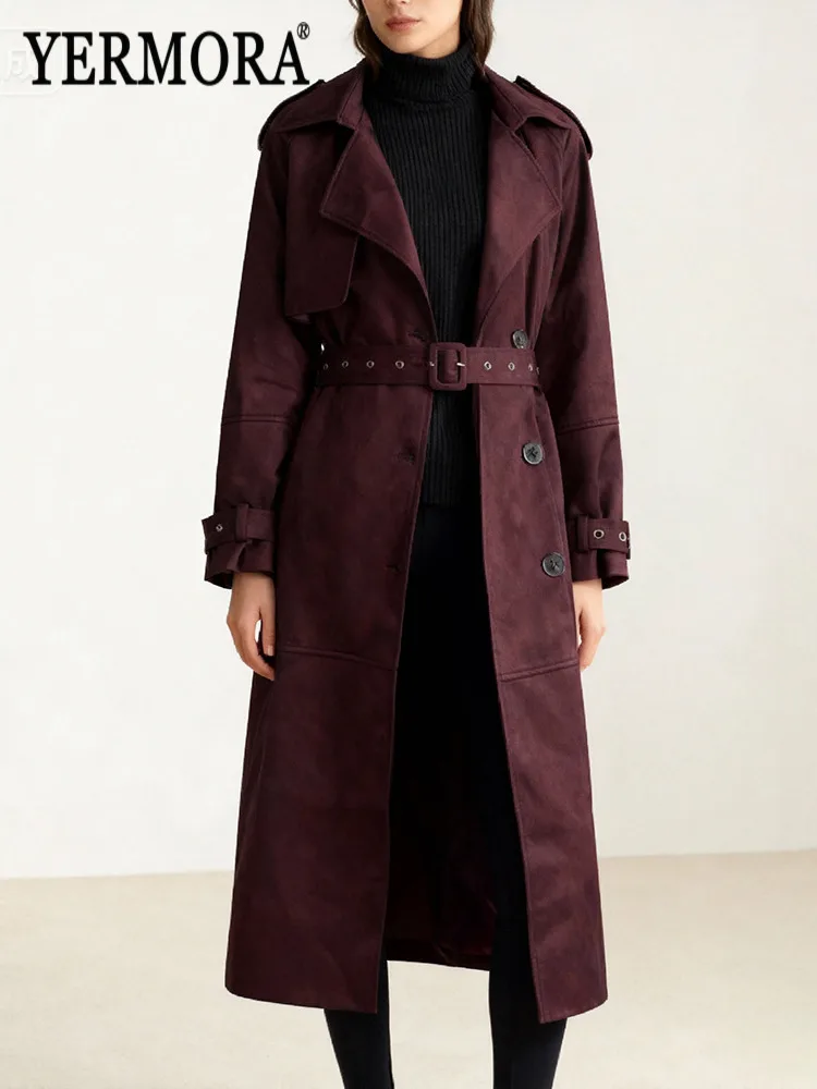 

YERMORA Coffee Irregular Buckle Belted Trench For Women Lapel Long Sleeve Loose New Windbreaker Fashion Tide Autumn Winter 2025