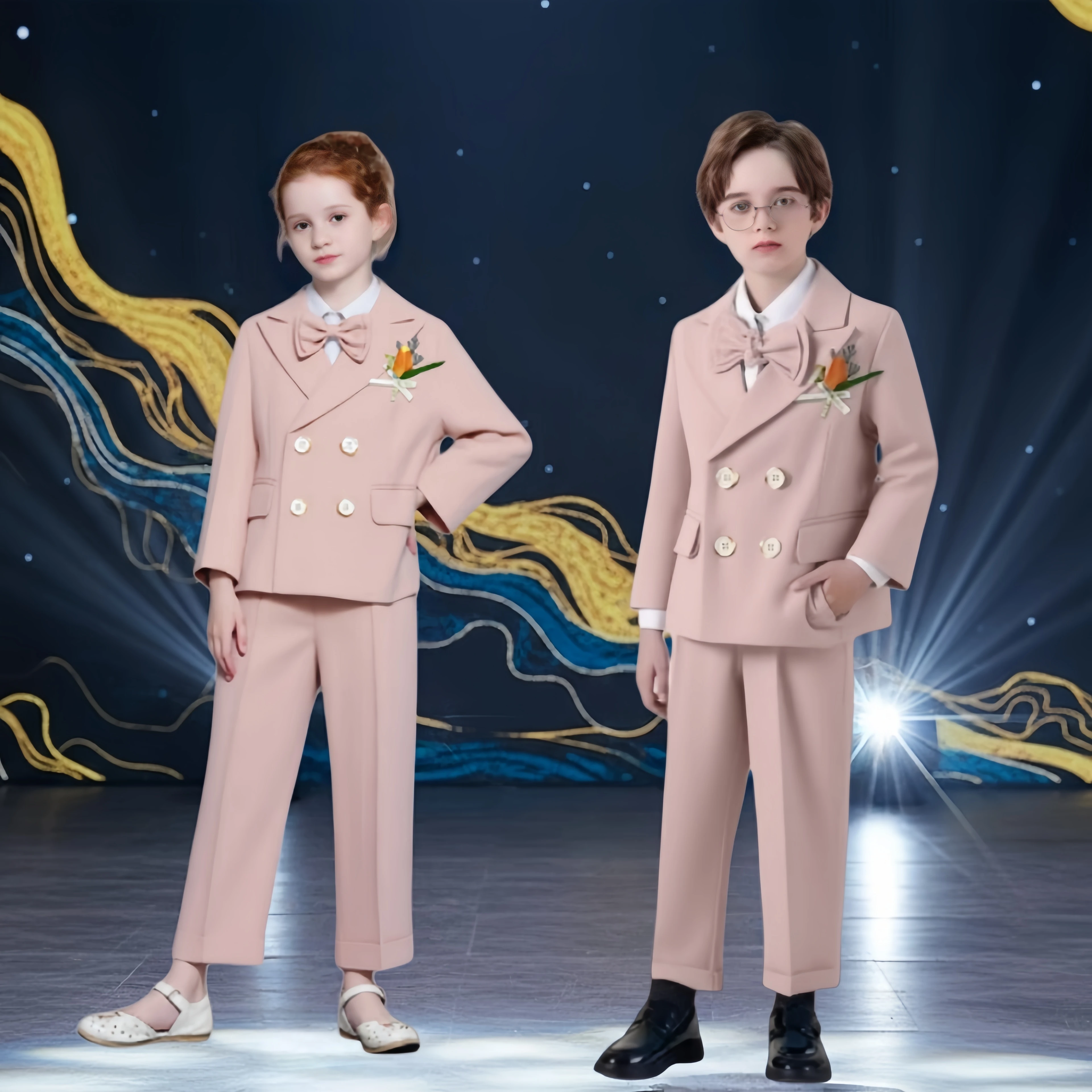 Boys Girls Formal Pink Wedding Suit Set Kids Piano Host Speech Chorus Performance Costume Children's Birthday Blazer