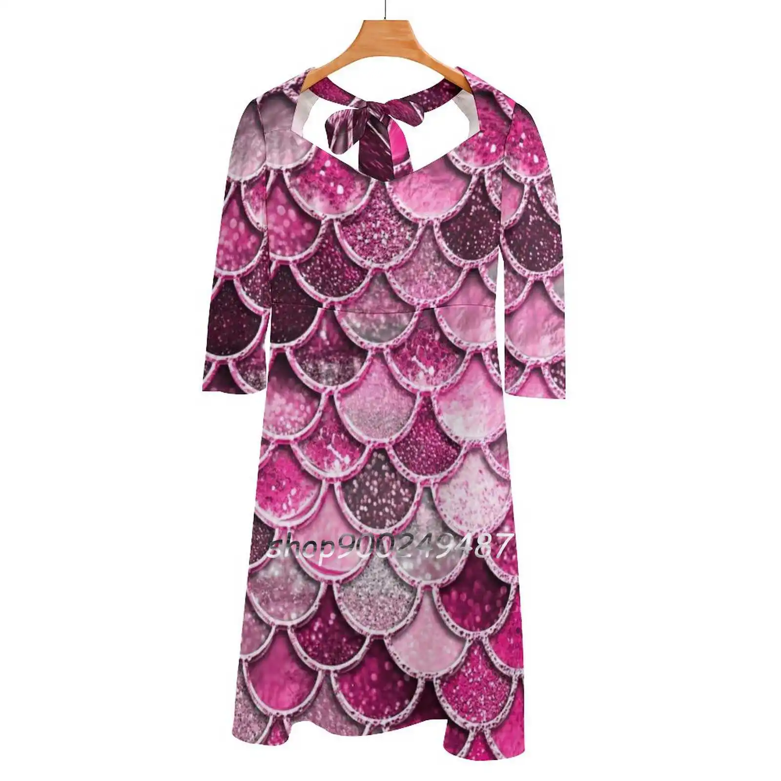 Pink Purple Magenta Sparkle Faux Glitter Mermaid Scales Square Neck Dress Cute Loose Print Dresses Elegant Beach Party Dress