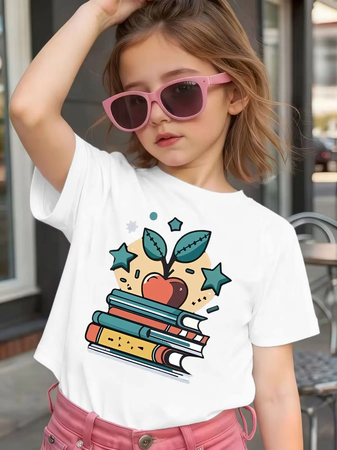 Cute Book Apple School Cartoon Graphic Kids Tee Boys Girls Family Matching Cotton Crew Neck Short Sleeve Soft Summer Tee