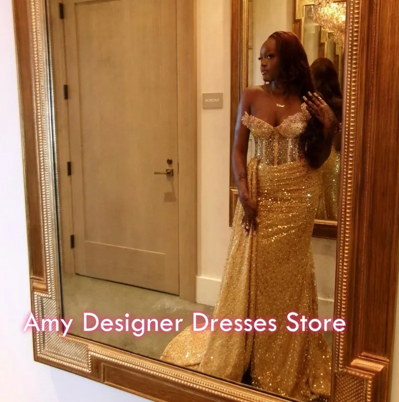 ชุดราตรีงานพรอมสุดหรู ประดับเลื่อมคริสตัล ปี 2026 สำหรับสาวผิวสี ทรงเมอร์เมด คอวี ผ่าข้าง งานปาร์ตี้  สามารถสั่งตัดได้