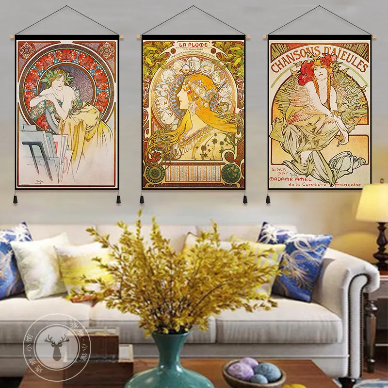 Vintage Wall Tapestry - European Mucha Style Artwork, Retro Bohemian Decor for Cafe and Hotel Lobby, Room Decor Aesthetic