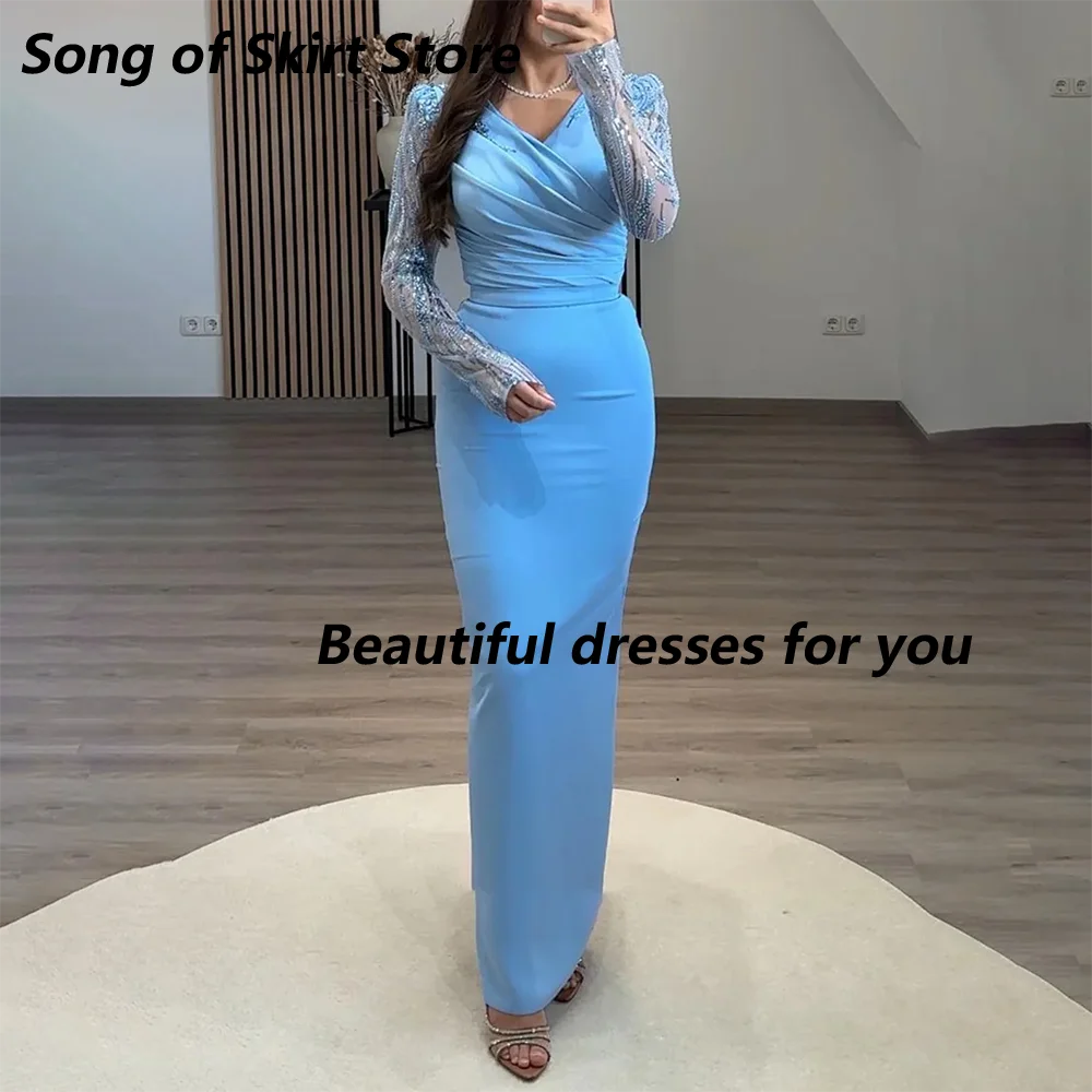 

Sky Blue Evening Dress Customized Long Sleeves V Neck Sequined Mermaid Prom Gown Slit Back Ankle Length Formal Dubai Party Dress