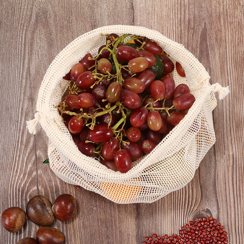 أكياس إنتاج شبكية قطنية قابلة لإعادة الاستخدام برباط من القطن العضوي متينة وقابلة للغسل مع أكياس تسوق بقالة تنتج أكياس شبكية