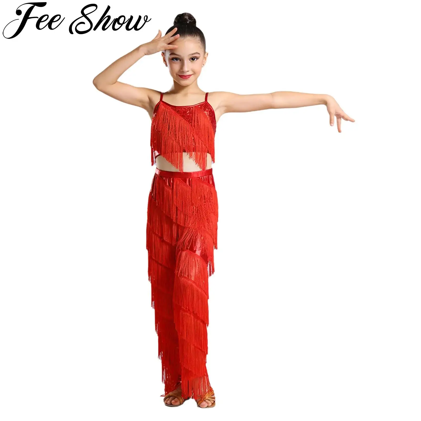 Kids Girls Tassel Latin Tango Dance Outfit Sleeveless Shiny Sequin Camisole Top with Pants Ballroom Samba Salsa Practice Clothes