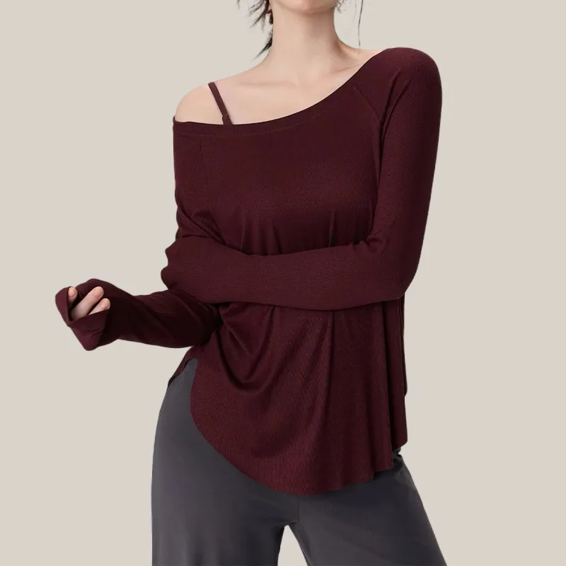 

Modal ribbed yoga long sleeved sports top for women, loose fit slimming yoga clothes T-shirt for autumn