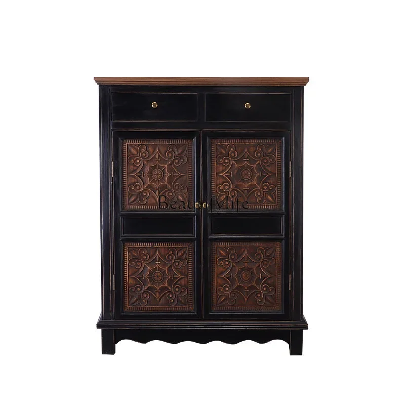 

13New Chinese-style entrance cabinet classical solid wood black decoration old retro storage cabinet