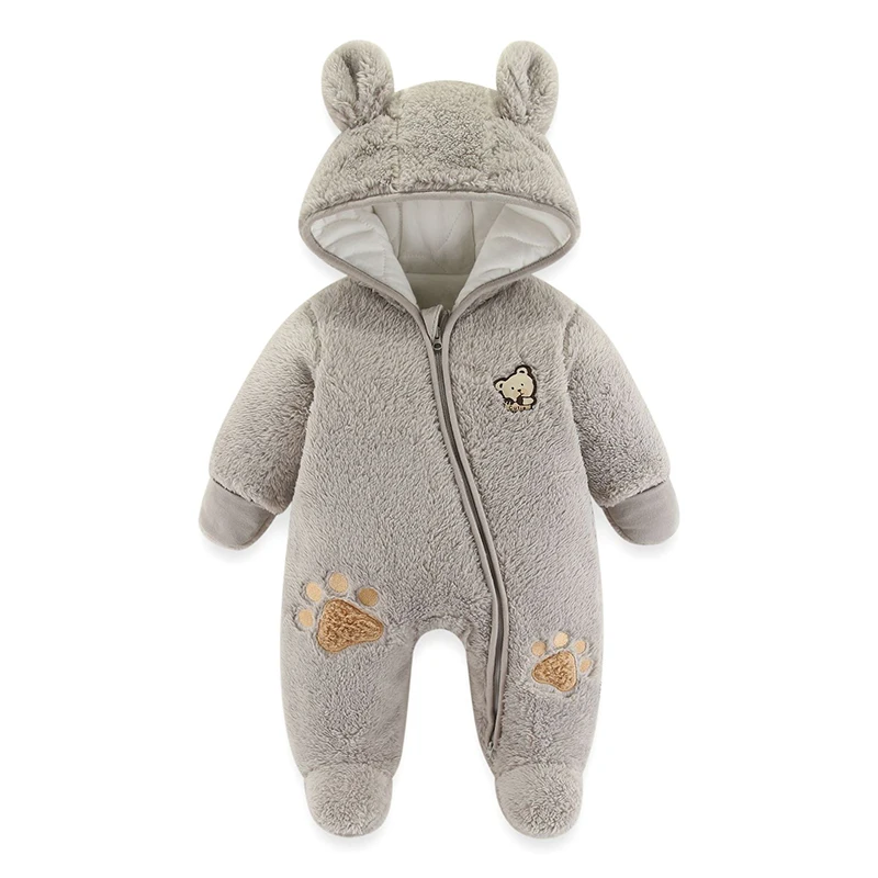 Cute Plush Bear Baby Romper Autumn Winter Keep Warm Hooded Infant Girl Overall Jumpsuit 3 6 9 12 Months Newborn Baby Boy Clothes