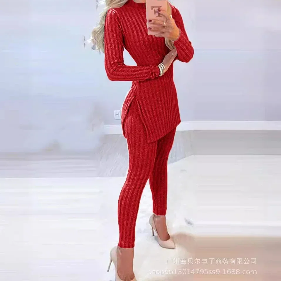 Women Two Piece Sets Pant Sets Sexy Elegant Tracksuit Full Sleeve Tops Sheath Long Pencil Pants Elastic Waist Spring Autumn