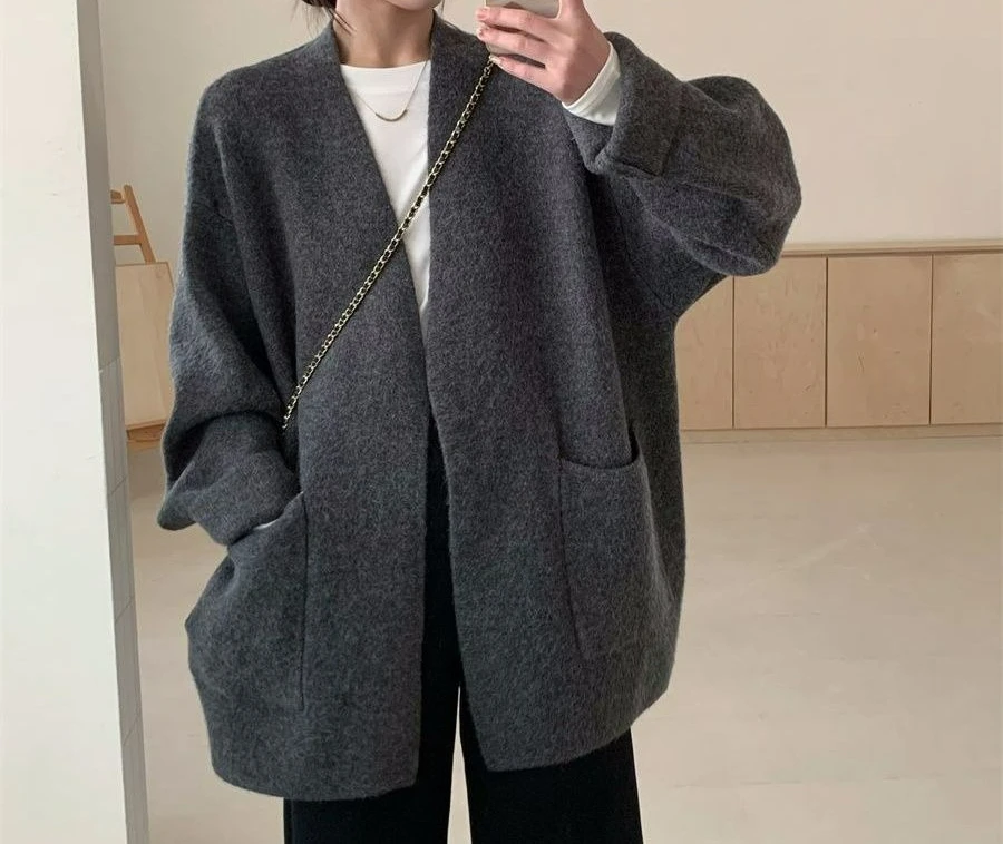 Early Autumn New Gray Knitted Cardigan Loose Lazy Style Long Versatile Design Sweater Jacket Women