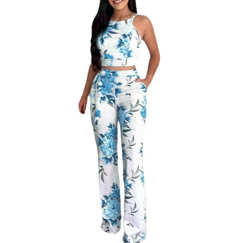 Summer Two Piece Set Women Fashion Short Print Sleeveless Vest High-waisted Wide-leg Pants Suit Two Piece Set Women Casual Suit