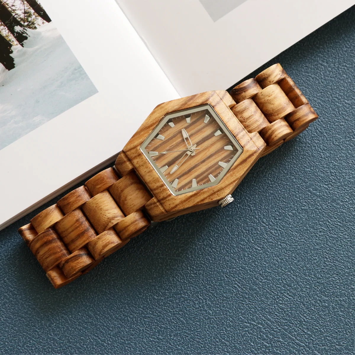 Zebrawood Men's Watch, Hexagon Dial, Wood Quartz Wristwatch, Minimalist Men's Wooden Watch, Eco-Friendly Wooden Gift for Men