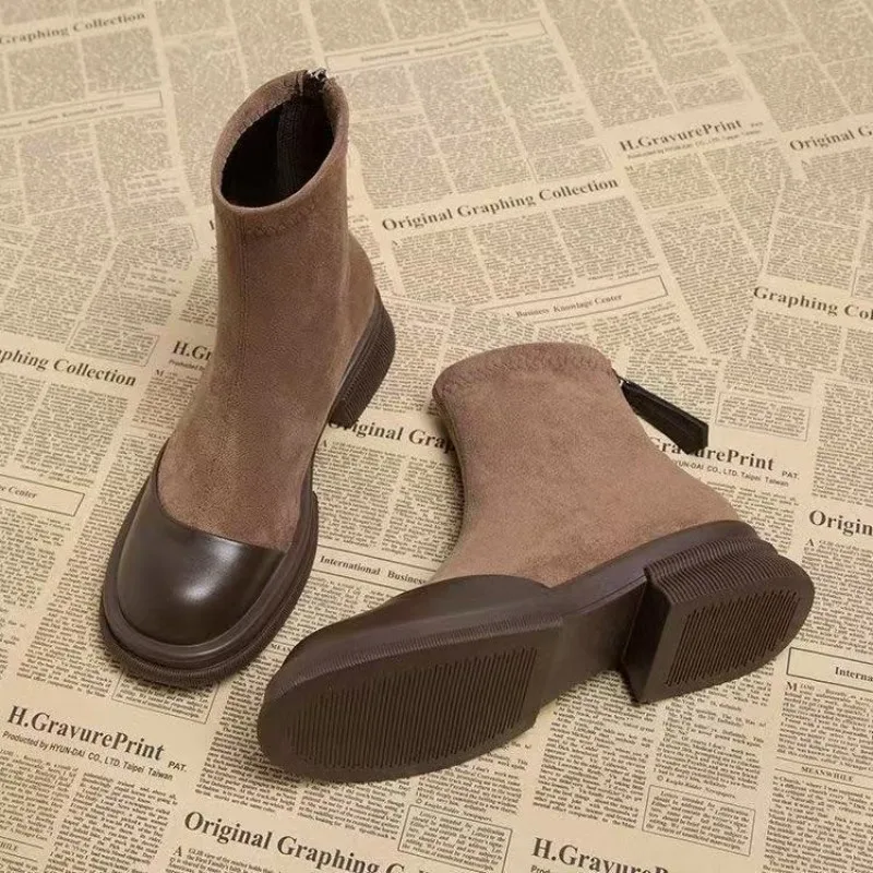 Ankle Boots for Women Suede Upper Platform Boots Back Zipper Thick Heel Shoes for Woman 2025 Trend Spring Commuting Botas Mujer