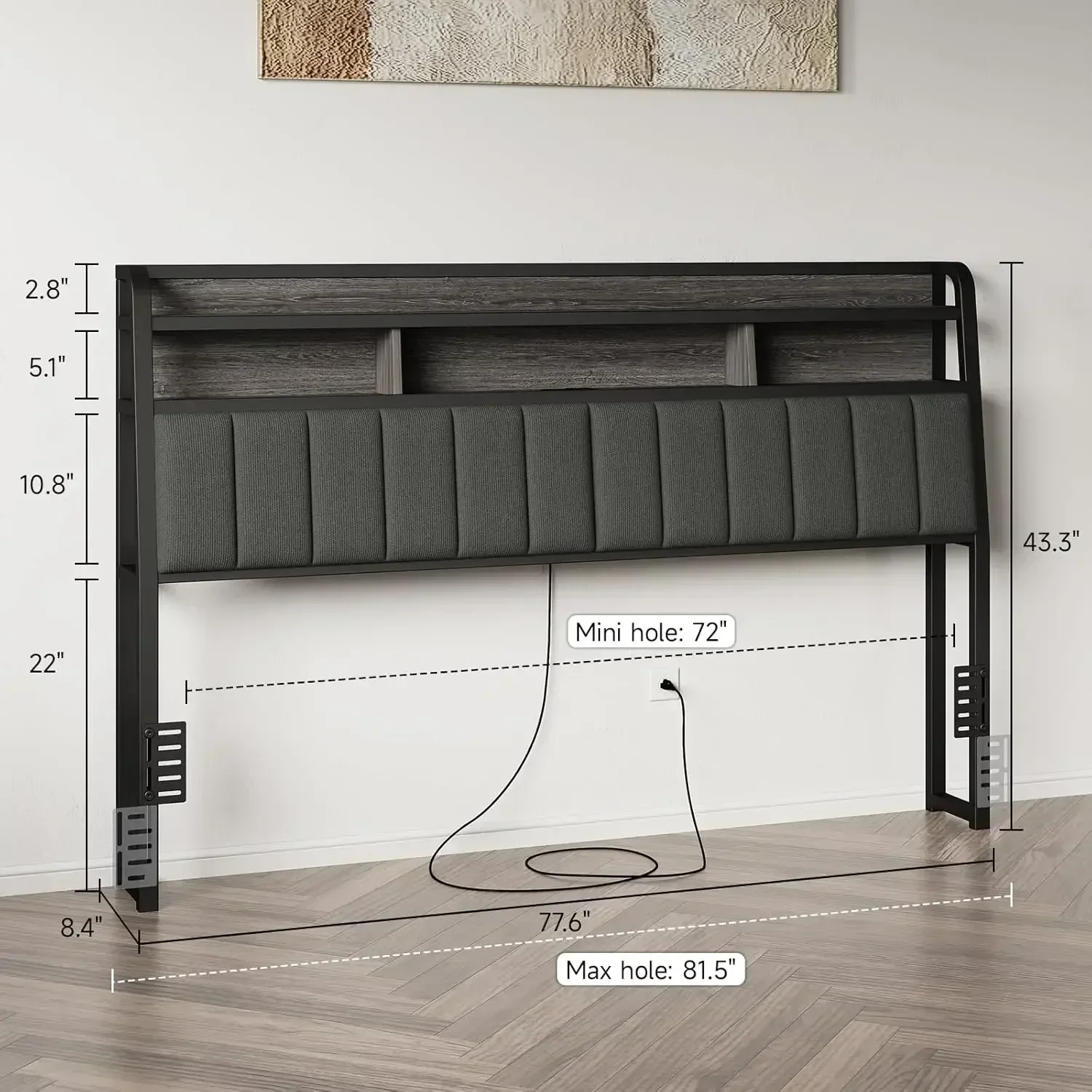 King Headboard Only with Storage, Upholstered Headboards for King Size Bed with LED Light, Charging Station, Height Adjustable,