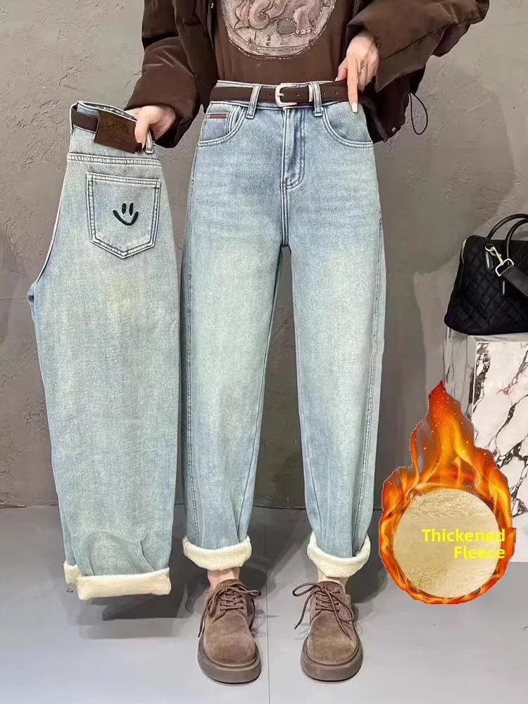 

Теплые зимние джинсы в стиле Харадзюку с флисовой подкладкой, с высокой талией, широкими штанинами, с принтом лица, модные джинсы-«папины» для молодых женщин