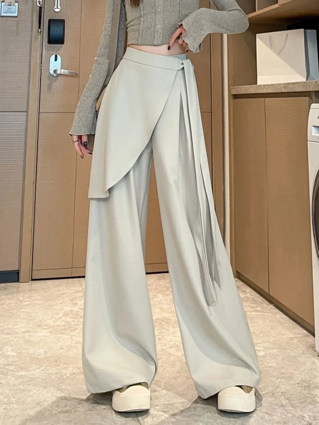 Bla Suit Pantaloni a gamba larga Pantaloni casual da donna Vita alta Taglio dritto Coreano Sle Fibra di poliestere Asimmetrico Autunno Nuovo A...