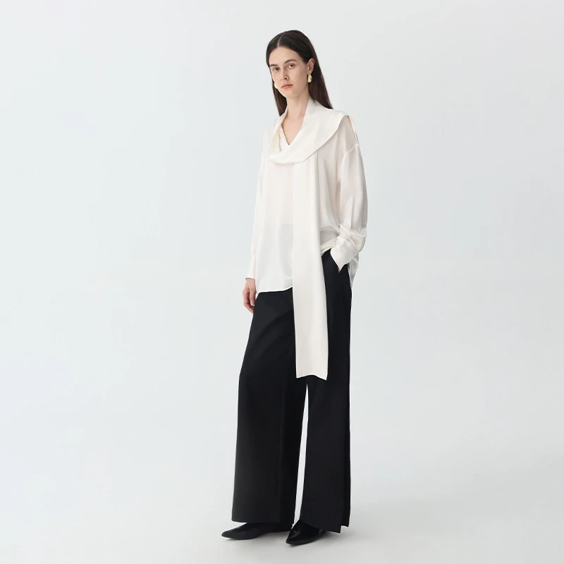 Birdtree, 100% Real Silk Solid Blouse, Ribbon Full Sleeve Shirt, Women Plain Satin Elegant White Tops, 2026 Summer NewT65735JF