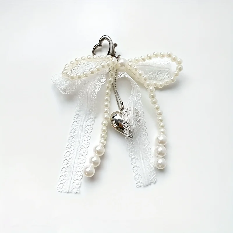 Spitzen-Perlen-Schleifen-Schlüsselanhänger, Damen-Perlen-Schleifen-Anhänger, Taschenanhänger-Schlüsselanhänger, Rucksack-Charm-Schlüsselanhänger, Herzförmiger Taschenanhänger,